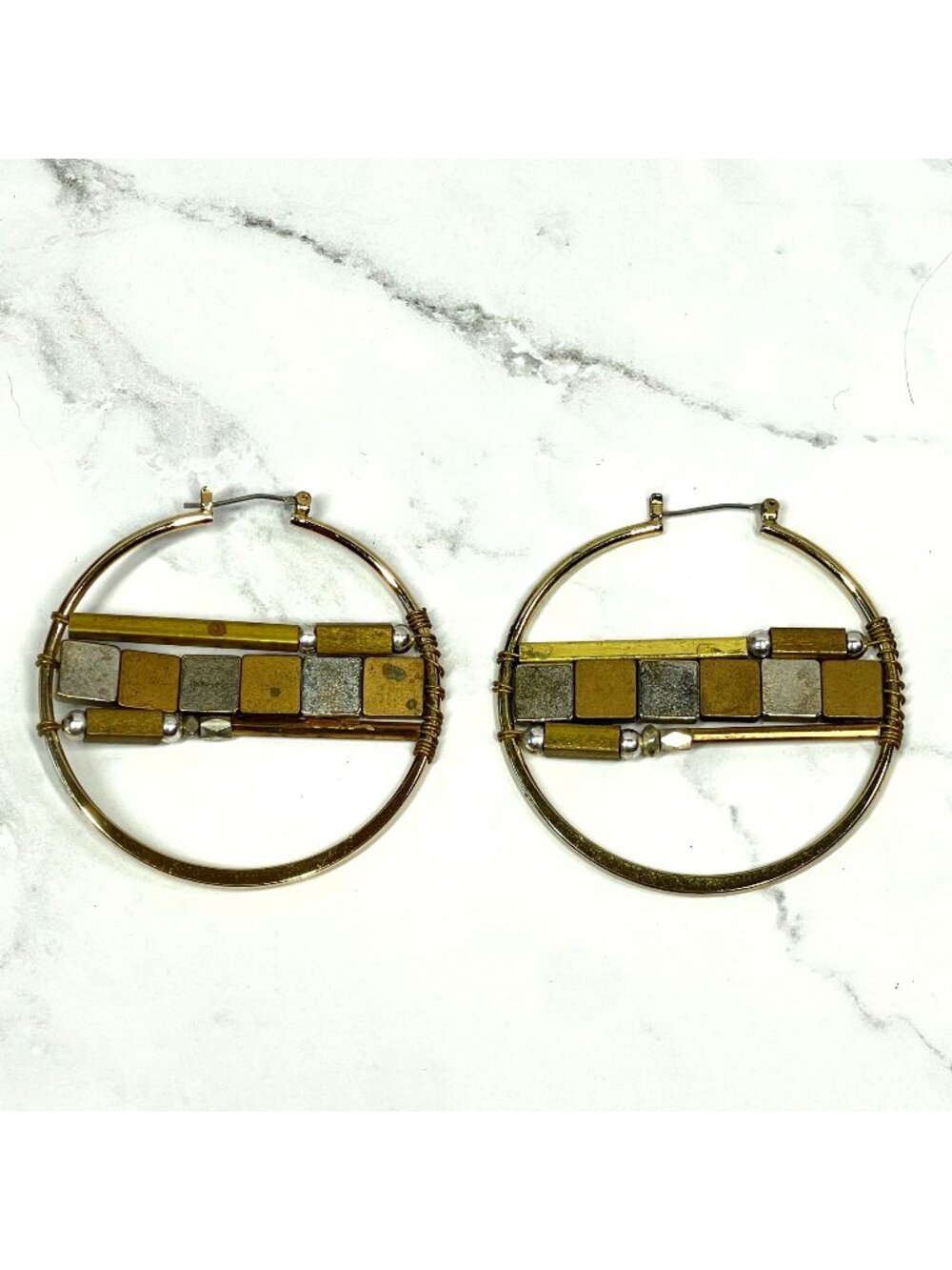 Vintage 80s Modernist Geometric Mixed Metal Earrings Gold Silver Wearable Art 2"